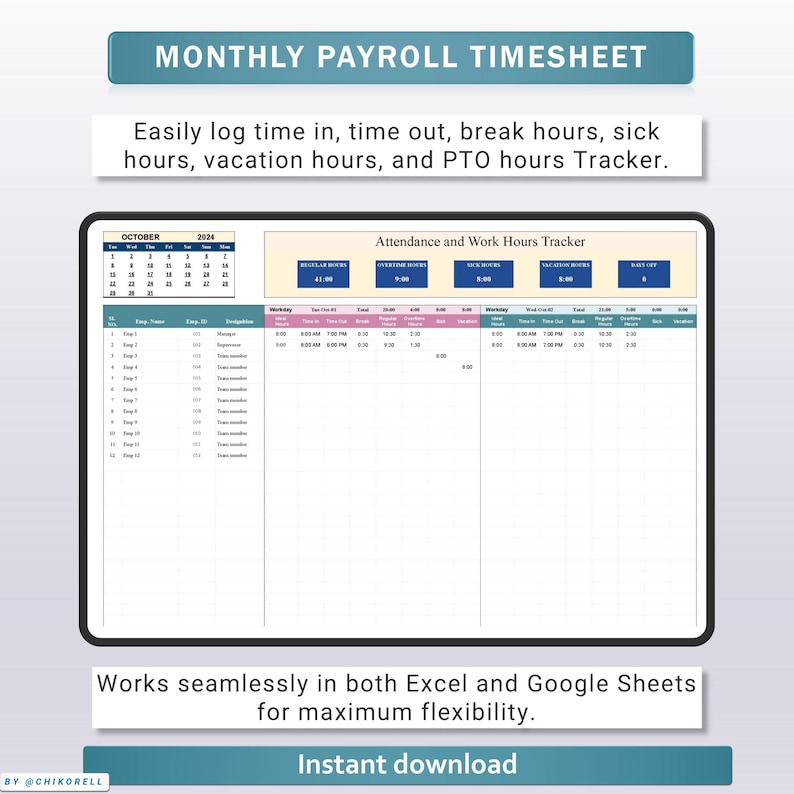 Monthly Employee Payroll Tracker Timesheet Excel & Google Spreadsheet