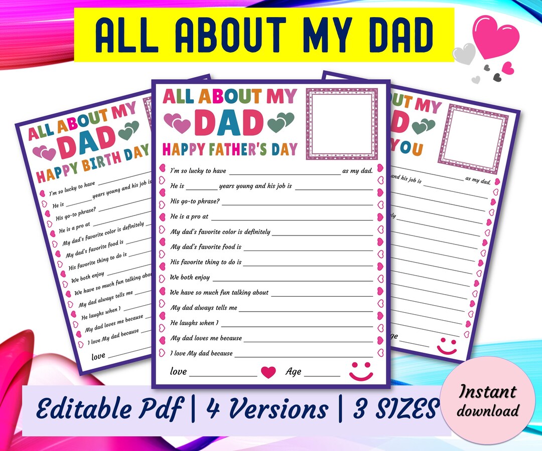 Father's Day Dad Gift From Kids, All About My Dad Printable, Diy Gift ...
