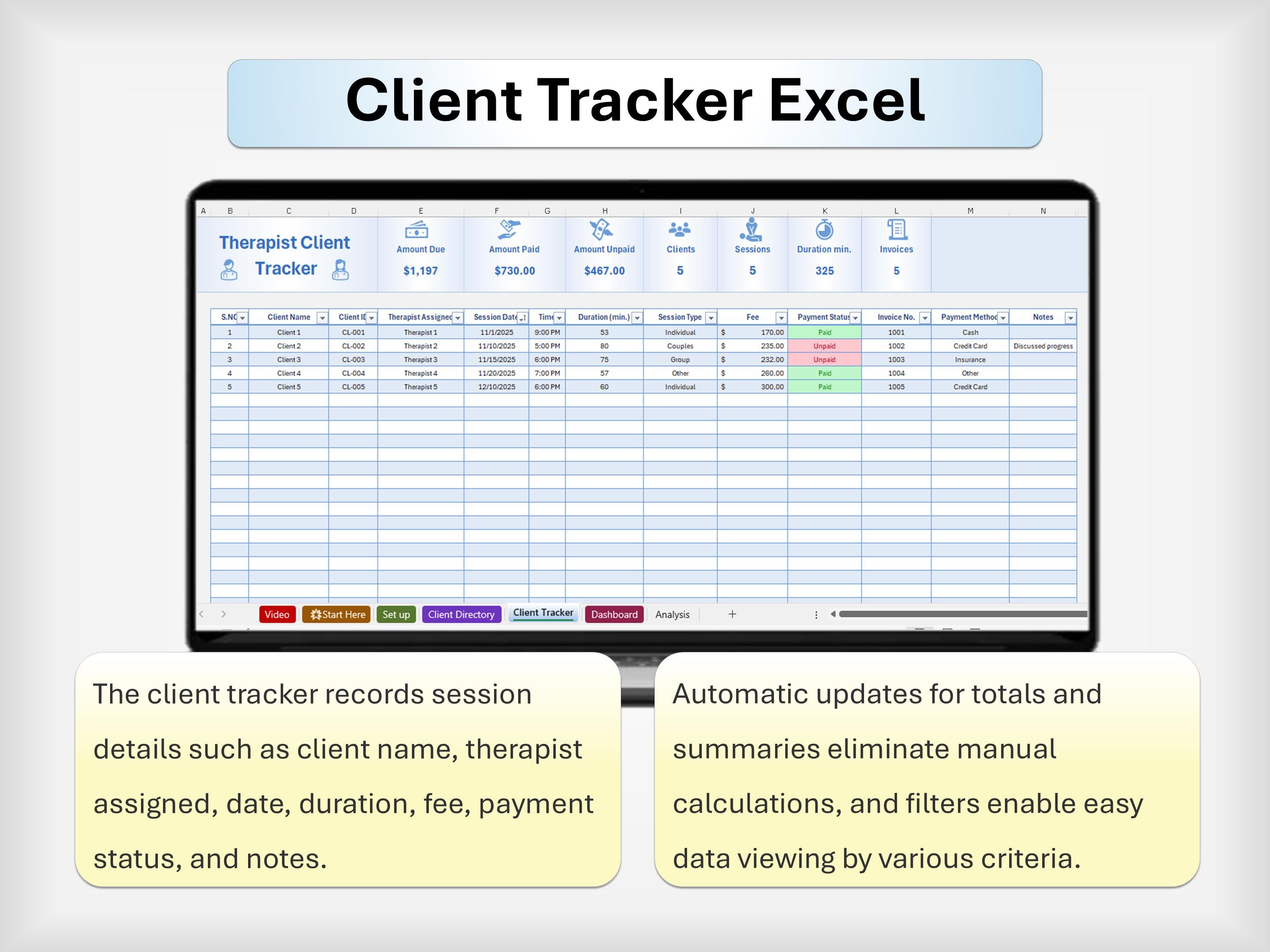 Therapist Client Tracker: Excel & Google Sheets Therapy Planner ...