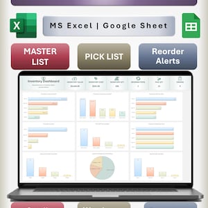 May include: A laptop displaying an inventory dashboard with charts and data. The image includes the text "INVENTORY TRACKER", "MS Excel | Google Sheet", and labels like "MASTER LIST" and "Reorder Alerts". It is targeted towards "Small Business", "Warehouse Teams", and "E-commerce Sellers".