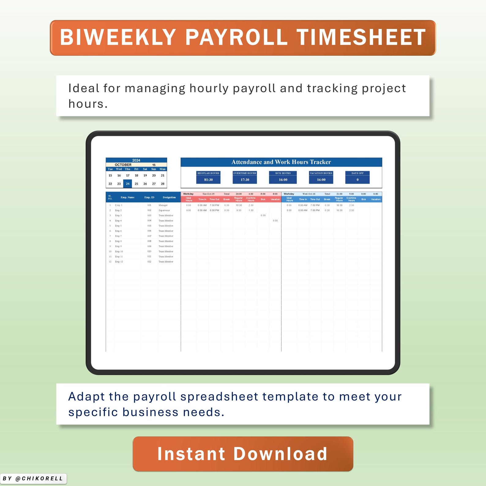 Biweekly Payroll Timesheet Tracker Excel & Google Spreadsheets Template ...