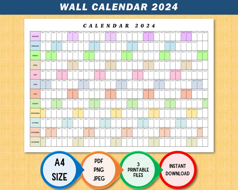 2024 Yearly Wall Calendar Printable Giant & Large Wall Art for Home Big ...