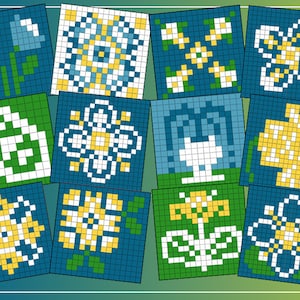 Può includere: Dieci diversi design di pixel art con fiori e motivi geometrici in tonalità di blu, verde, bianco e giallo.