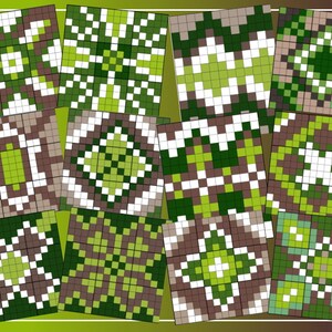 Könnte beinhalten: Zwölf verschiedene Pixel-Art-Designs mit grünen, braunen und weißen Quadraten, die in geometrischen Mustern angeordnet sind.