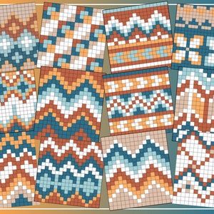 Puede incluir: Un conjunto de 12 patrones de punto de cruz digitales que presentan diseños geométricos en tonos de marrón, azul, blanco y naranja.