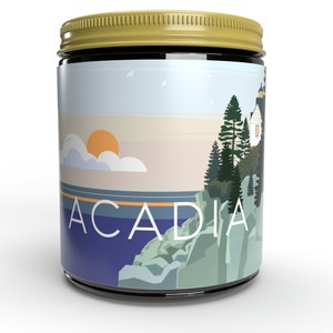 Vela de soja perfumada con temática del Parque Nacional Acadia / Regalos del Parque Nacional / Vela de cera de soja con aroma a almizcle, ozono y pino / Regalos para exteriores