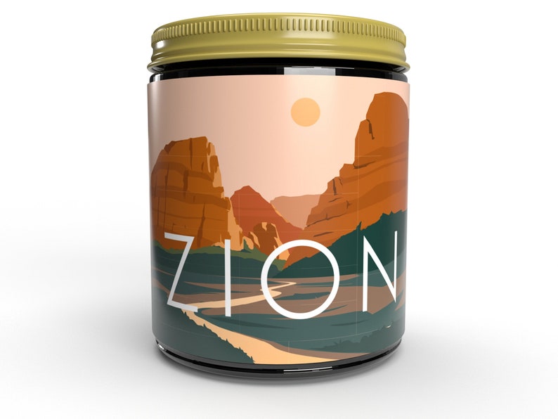 Zion National Park Themed Scented Soy Candle, in a round tin, with an image on the outside of a painted canyon with pointed walls and a river running through the middle of the canyon
