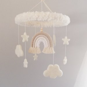 Cloud Stars Mobile with Rainbow Natural, Neutral Baby Mobile, Rainbow Mobile, Baby Felt Mobile, Crib Mobile for Neutral Nursery Cot Mobile
