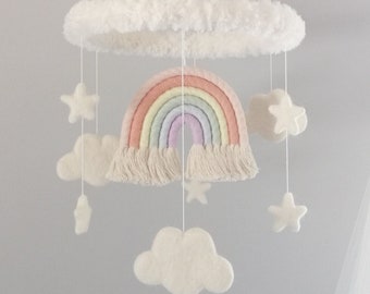 Pastel Rainbow Baby Mobile, Cloud Stars Nursery Mobile, Star Baby Girl Mobile, Rainbow Mobile, Neutral Baby Mobile Cloud, Baby Felt Mobile