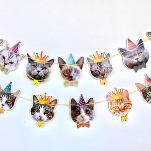 Guirlande d'anniversaire de chats - décorations de cupcakes - reproductions de photos sur papier cartonné épais - portraits de chats mignons - reine des chats