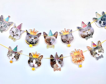 Cats Birthday Garland - Cupcake toppers - photo reproductions on heavy card stock - cute cat portraits - Cat Queen