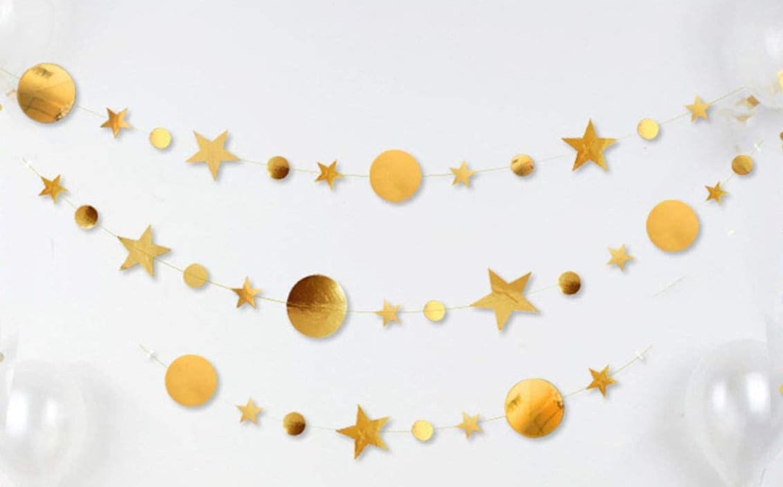 Metallic Star and Crescent Moons Garland - Prestrung metallic banner - Sun and Stars Birthday - Outer Space Theme -Celestial