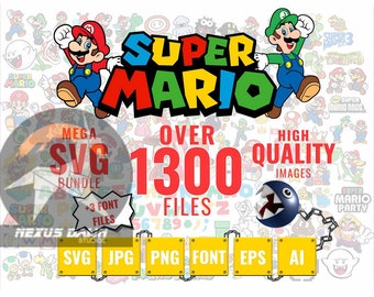 Super Mario SVG-bundel voor Cricut en sublimatie, Mario Cut-bestanden, Mario Clipart, Super Mario Font, Mario PNG, Digitale Download