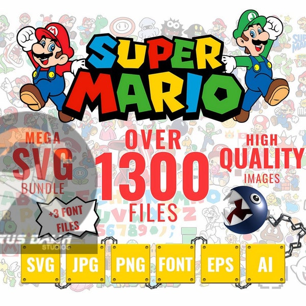 Super Mario SVG Bundle pour Cricut et sublimation, fichiers coupés Mario, Clipart Mario, police de caractères Super Mario, Mario PNG, téléchargement numérique