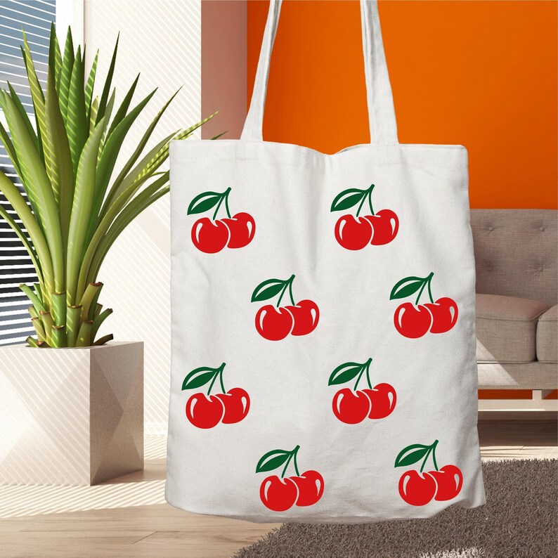 Cherry Print Tote Bag: Eco-Friendly Cotton Canvas Shopping Bag image 6