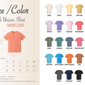 The image is a color swatch for an adult unisex shirt, featuring a variety of different colors and styles.