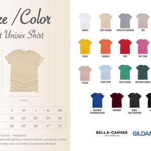 The image is a collage of various adult unisex t-shirt designs, including different colors and styles, along with their corresponding measurements and descriptions.