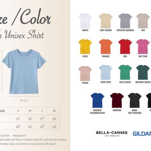 The image is a collage of various colored youth unisex t-shirts, each with a different color and size. The collage includes a close-up view of a blue t-shirt and a color swatch of the different t-shirt colors.