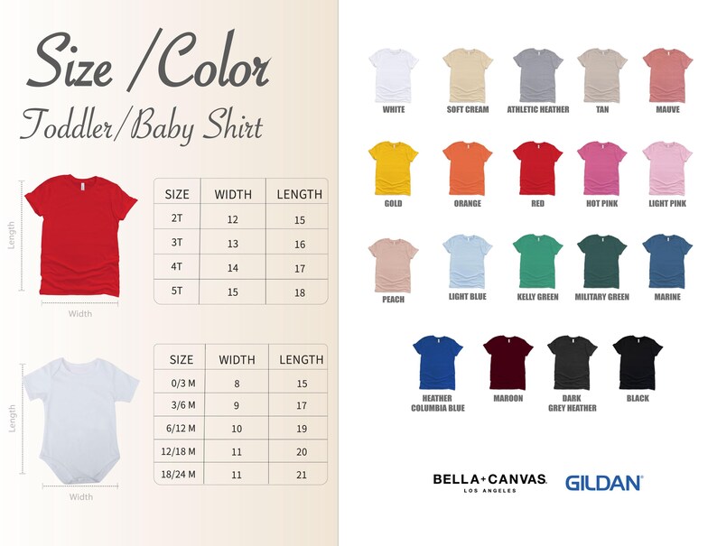 The image is a collage of various toddler and baby shirts in different colors and sizes, along with size/color charts and measurements.