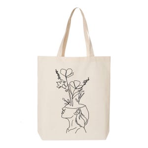 One Line Art Tote Bag: Minimalist Face with Flowers
