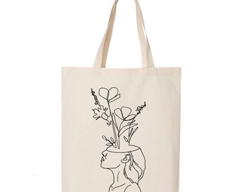 One Line Face with Flowers Tote Bag, Minimal Art, One Line Art, Eco Friendly, Shoulder Bag, Cotton Tote Bag, Gift For Her, Grocery Bag