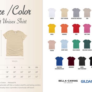 The image is a collage of various adult unisex t-shirt designs, including different colors and styles, along with their corresponding measurements and descriptions.