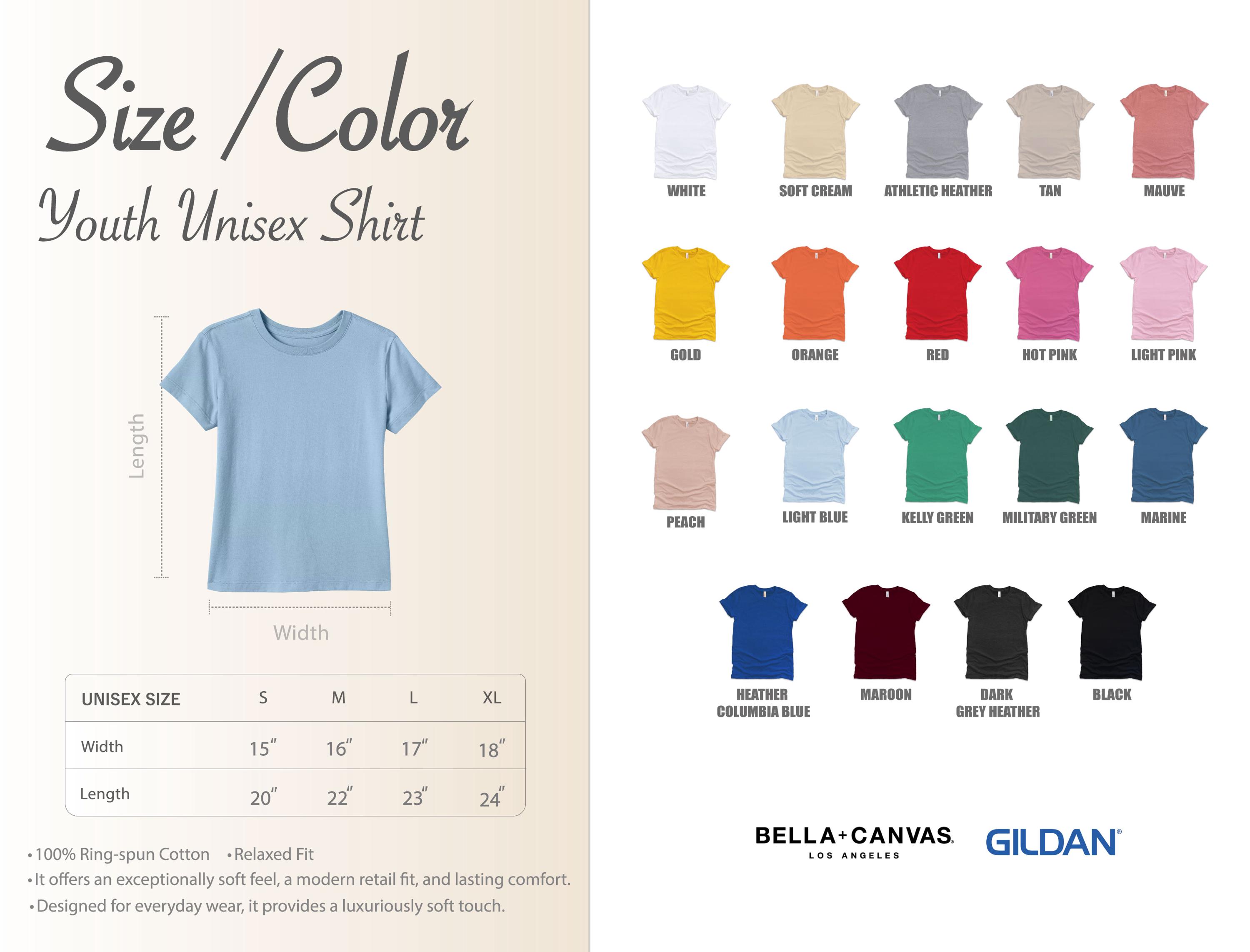 The image is a collage of various colored youth unisex t-shirts, each with a different color and size. The collage includes a close-up view of a blue t-shirt and a color swatch of the different t-shirt colors.