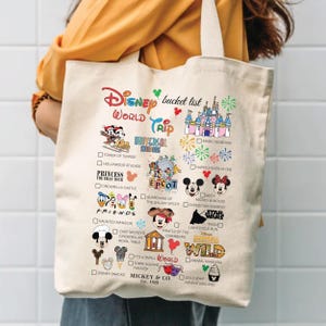 Disney Tote Bag Bucket List, Magical Theme Park Canvas Tote Disney Lover Gift, Reusable Shopping Bag, Vacation Essential Mickey Minnie Mouse image 1