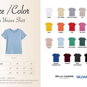 The image is a collage of various colored youth unisex t-shirts, each with a different color and size. The collage includes a close-up view of a blue t-shirt and a color swatch of the different t-shirt colors.