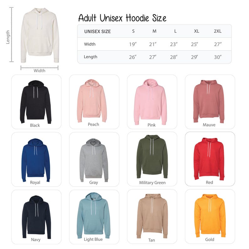 a collection of adult unisex hoodie sizes, including navy, light blue, tan, gold, and peach colors, along with their corresponding widths and lengths.