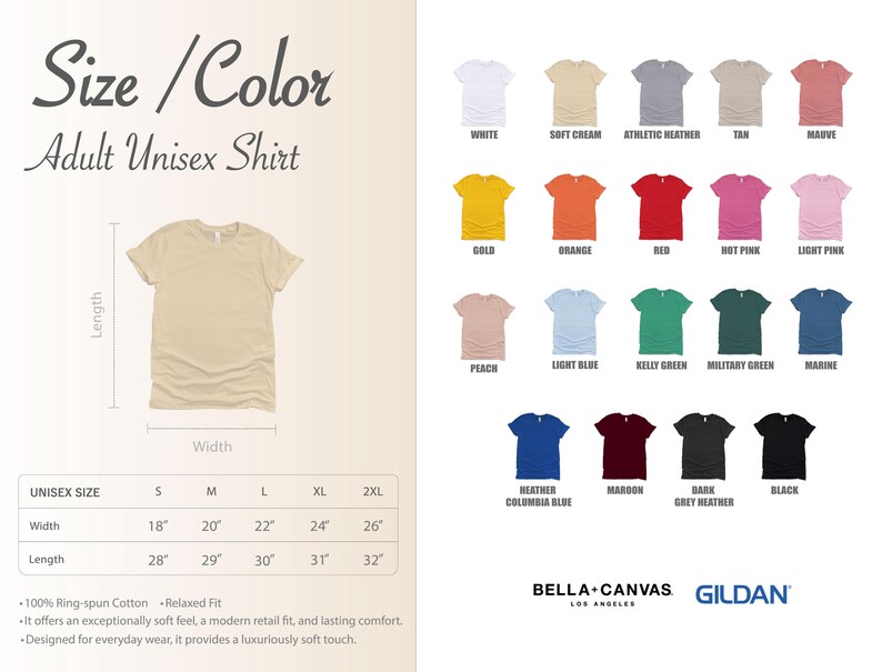 The image is a collage of various adult unisex t-shirt designs, including different colors and styles, along with their corresponding measurements and descriptions.
