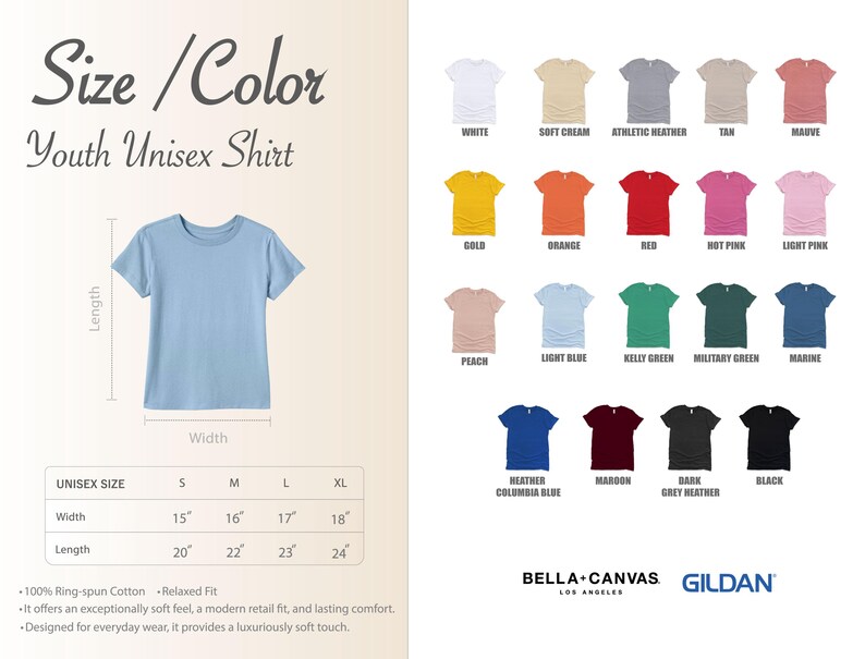 The image is a collage of various colored youth unisex t-shirts, each with a different color and size. The collage includes a close-up view of a blue t-shirt and a color swatch of the different t-shirt colors.