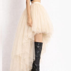 Pode incluir: Uma saia de tule creme com corte alto-baixo e várias camadas. A saia é combinada com um top preto e botas pretas até o joelho. A saia tem um design volumoso e em camadas, criando uma silhueta dramática.
