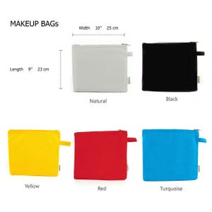 four different colors of makeup bags on a white background