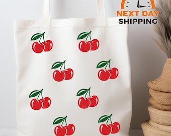 Cherry Print Tote Bag: Eco-Friendly Cotton Canvas Shopping Bag