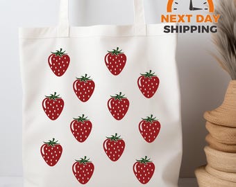 Strawberry Cotton Tote Bag: Farmers Market Shoulder Bag