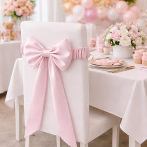 Puede incluir: Una silla blanca adornada con un gran lazo de satén rosa claro. El lazo está sujeto con una banda rosa a juego. La silla forma parte de una mesa con un mantel blanco y arreglos florales, lo que sugiere una fiesta o evento.
