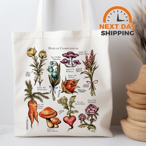 Hyrule Flora Tote Bag, Gift for Plant Lover, Breath of the Wild Hylia, Vintage Floral Tote Bag, Zelda Gifts