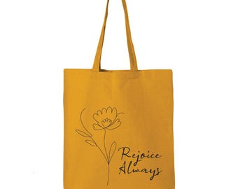 Rejoice Always Tote Bag: Christian Floral Cotton Market Bag