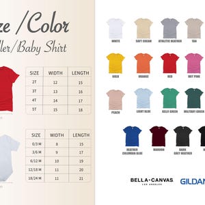 The image is a collage of various toddler and baby shirts in different colors and sizes, along with size/color charts and measurements.