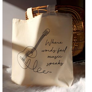 Guitar Music Tote Bag: "Where Words Fail" Cotton Shoulder Bag