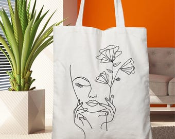 One Line Face Cotton Tote Bag: Minimalist Art Shoulder Bag
