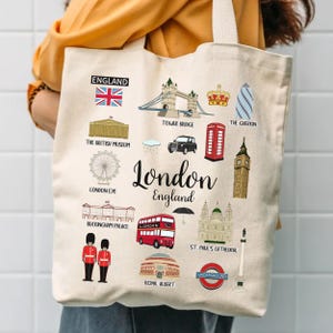 London Tote Bag, London Travel Tote Bag, Cotton Canvas Tote Bag, London Zippered Tote Bag, London Landmarks Tote Bag