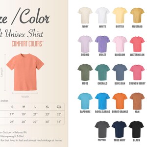 The image is a color swatch for an adult unisex shirt, featuring a variety of different colors and styles.