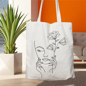 One Line Face Cotton Tote Bag: Minimalist Art Shoulder Bag