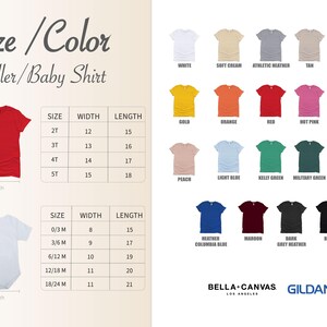 The image is a collage of various toddler and baby shirts in different colors and sizes, along with size/color charts and measurements.