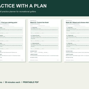 Peut inclure: Un planificateur d'entraînement de golf de 8 semaines en PDF imprimable présentant trois pages intitulées Practice With A Plan. Chaque page comprend des sections pour les objectifs hebdomadaires, des exercices spécifiques et un suivi hebdomadaire.