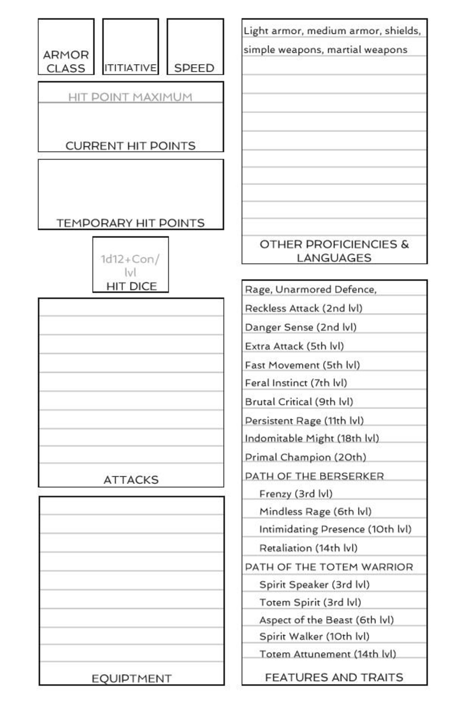 Barbarian Printable D&amp;D 5e Character Booklet | Etsy