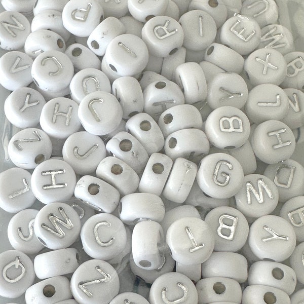 7mm White Acrylic Letter Beads - Silver Letters - Metal Enlaced - Flat Round