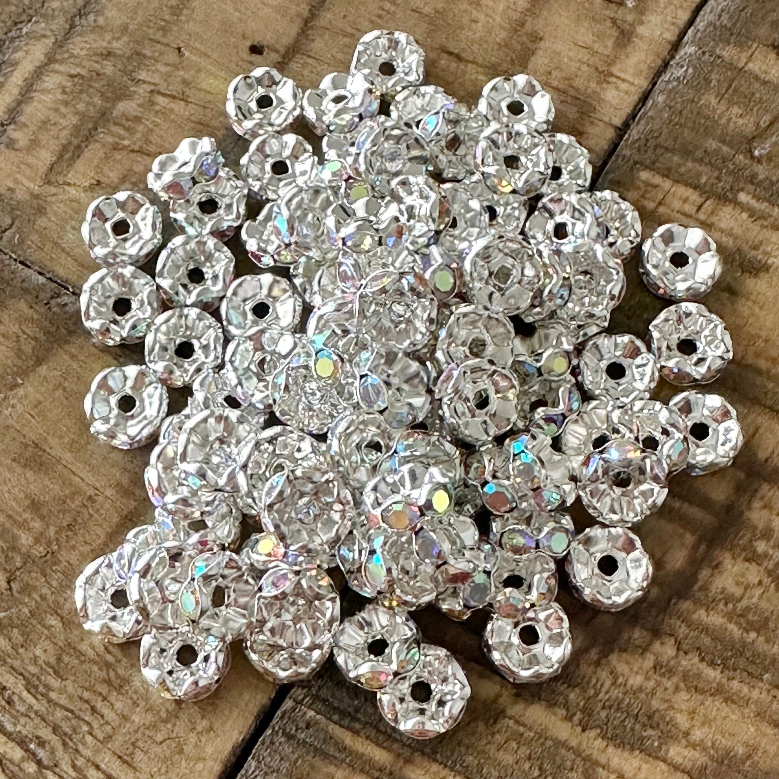 100 Perline Con Strass Da 8 Mm - Grado A - Ottone Placcato Argento - Senza Nichel - Italia